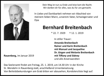 Traueranzeige von Bernhard Breitenbach von Fränkische Nachrichten