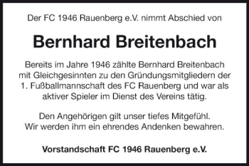 Traueranzeige von Bernhard Breitenbach von Fränkische Nachrichten