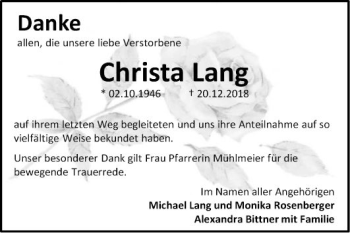 Traueranzeige von Christa Lang von Bergsträßer Anzeiger