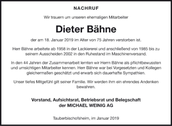 Traueranzeige von Dieter Bähne von Fränkische Nachrichten