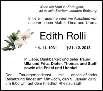 Traueranzeige von Edith Roll von Mannheimer Morgen