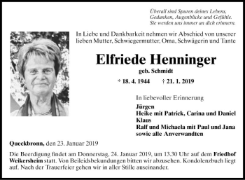 Traueranzeige von Elfriede Henninger von Fränkische Nachrichten