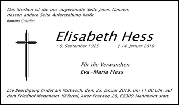 Traueranzeige von Elisabeth Hess von Mannheimer Morgen