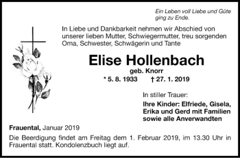 Traueranzeige von Elise Hollenbach von Fränkische Nachrichten