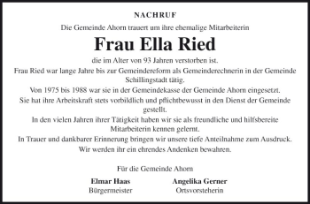 Traueranzeige von Ella Ried von Fränkische Nachrichten