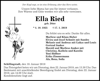 Traueranzeige von Ella Ried von Fränkische Nachrichten