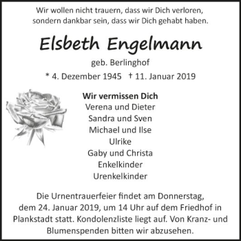 Traueranzeige von Elsbeth Engelmann von Schwetzinger Zeitung