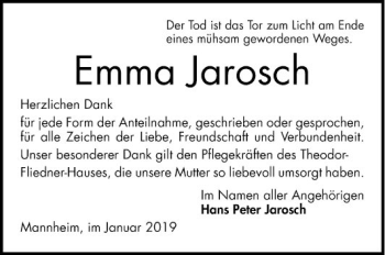 Traueranzeige von Emma Jarosch von Mannheimer Morgen