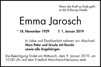 Traueranzeige von Emma Jarosch von Mannheimer Morgen