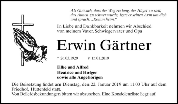 Traueranzeige von Erwin Gärtner von Mannheimer Morgen