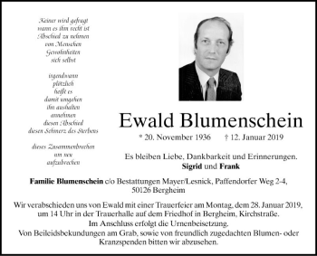 Traueranzeige von Ewald Blumenschein von Bergsträßer Anzeiger