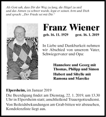 Traueranzeige von Franz Wiener von Fränkische Nachrichten