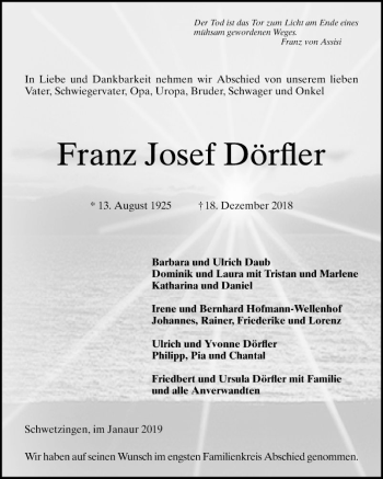 Traueranzeige von Franz Josef Dörfler von Schwetzinger Zeitung