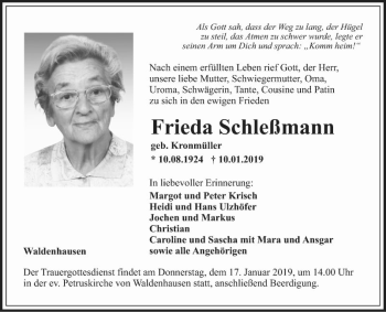 Traueranzeige von Frieda Schleßmann von Fränkische Nachrichten