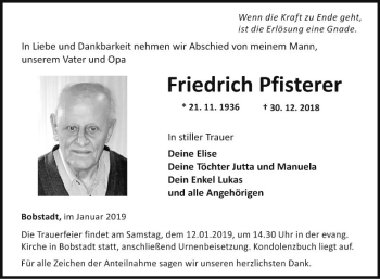 Traueranzeige von Friedrich Pfisterer von Fränkische Nachrichten