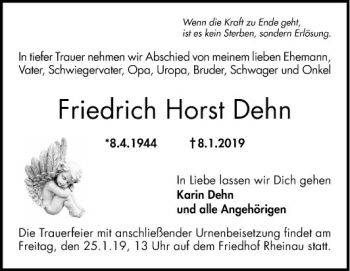 Traueranzeige von Friedrich Horst Dehn von Mannheimer Morgen