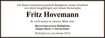 Traueranzeige von Fritz Hovemann von Fränkische Nachrichten