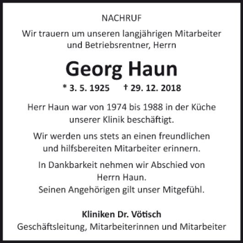 Traueranzeige von Georg Haun von Fränkische Nachrichten