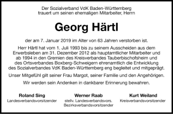 Traueranzeige von Georg Härtl von Fränkische Nachrichten