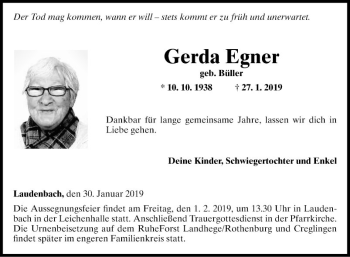 Traueranzeige von Gerda Egner von Fränkische Nachrichten