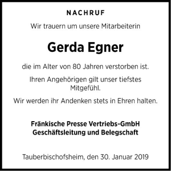 Traueranzeige von Gerda Egner von Fränkische Nachrichten