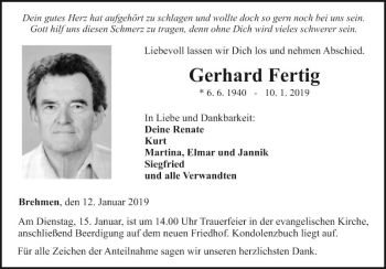 Traueranzeige von Gerhard Fertig von Fränkische Nachrichten