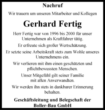 Traueranzeige von Gerhard Fertig von Fränkische Nachrichten