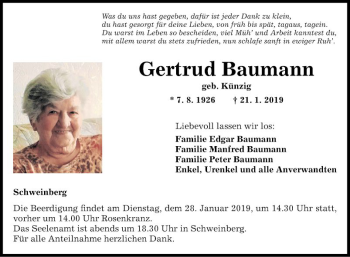 Traueranzeige von Gertrud Baumann von Fränkische Nachrichten