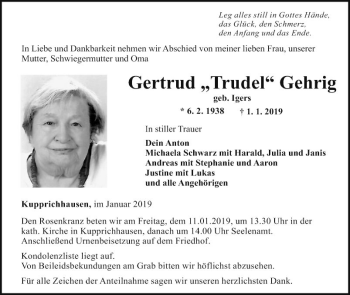 Traueranzeige von Gertrud Gehrig von Fränkische Nachrichten