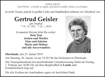 Traueranzeige von Gertrud Geisler von Fränkische Nachrichten