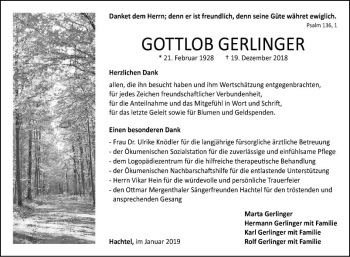 Traueranzeige von Gottlob Gerlinger von Fränkische Nachrichten