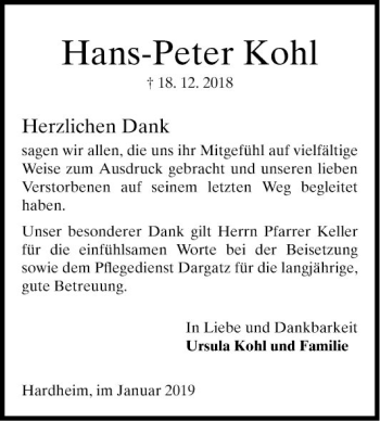Traueranzeige von Hans-Peter Kohl von Fränkische Nachrichten