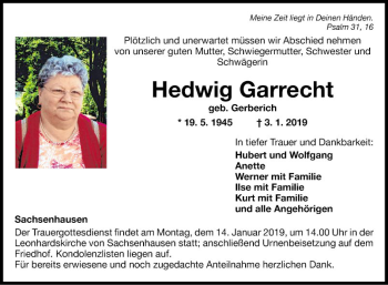 Traueranzeige von Hedwig Garrecht von Fränkische Nachrichten