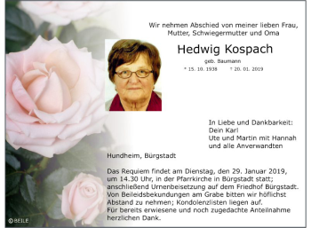 Traueranzeige von Hedwig Kospach von Fränkische Nachrichten