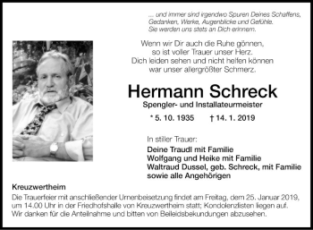 Traueranzeige von Hermann Schreck von Fränkische Nachrichten