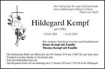 Traueranzeige von Hildegard Kempf von Südhessen Morgen