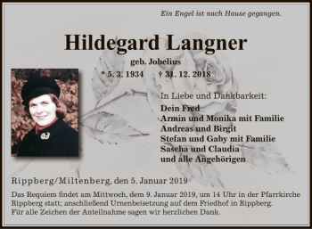 Traueranzeige von Hildegard Langner von Fränkische Nachrichten