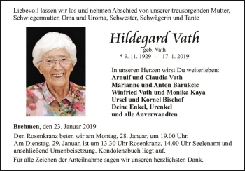 Traueranzeige von Hildegard Vath von Fränkische Nachrichten