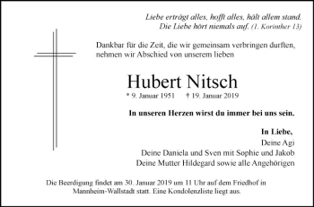 Traueranzeige von Hubert Nitsch von Mannheimer Morgen