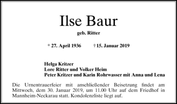 Traueranzeige von Ilse Baur von Mannheimer Morgen