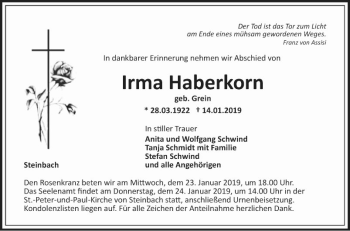 Traueranzeige von Irma Haberkeim von Fränkische Nachrichten