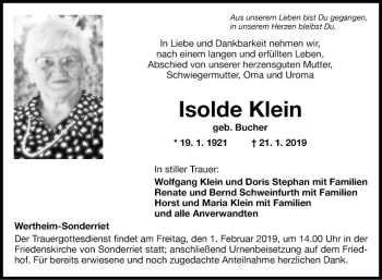 Traueranzeige von Isolde Klein von Fränkische Nachrichten