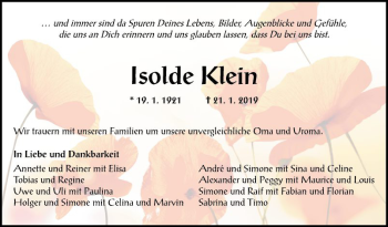 Traueranzeige von Isolde Klein von Fränkische Nachrichten