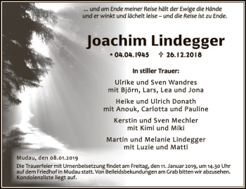 Traueranzeige von Joachim Lindegger von Fränkische Nachrichten