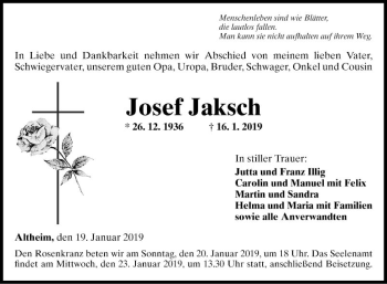 Traueranzeige von Josef Jaksch von Fränkische Nachrichten