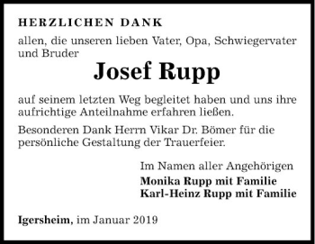 Traueranzeige von Josef Rupp von Fränkische Nachrichten