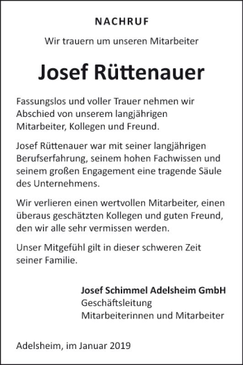 Traueranzeige von Josef Rüttenauer von Fränkische Nachrichten