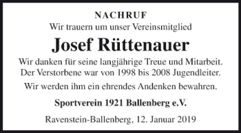 Traueranzeige von Josef Rüttenauer von Fränkische Nachrichten