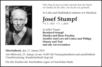 Traueranzeige von Josef Stumpf von Fränkische Nachrichten