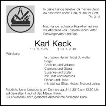 Traueranzeige von Karl Keck von Fränkische Nachrichten